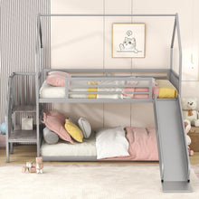 Load image into Gallery viewer, Twin over Twin Metal Bunk Bed House Bed with Slide and Staircase, Silver
