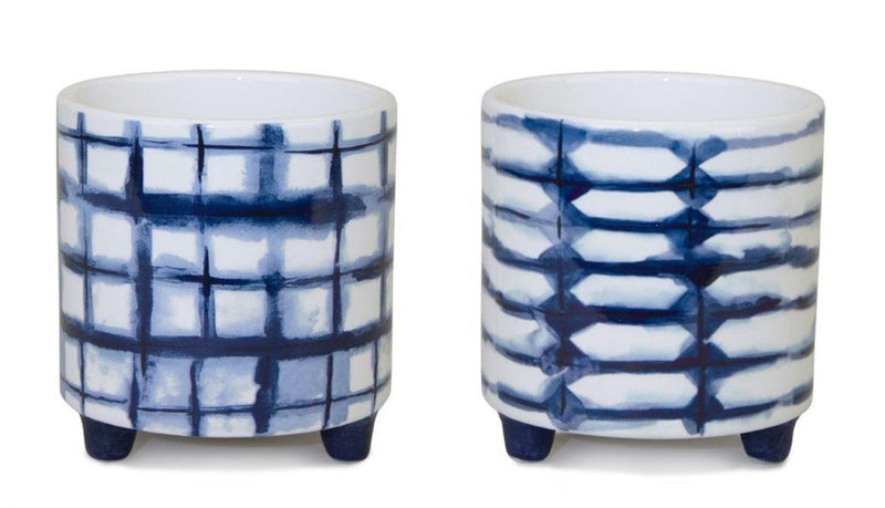 Round Footed Pot Planters (Set of 2) - Cobalt / White