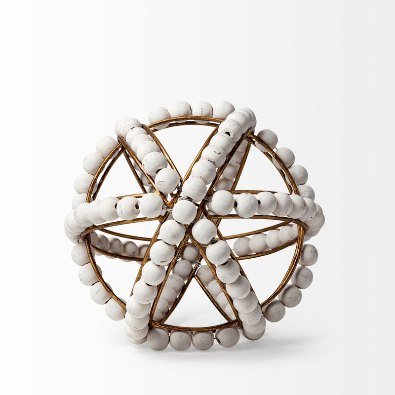 Wooden Bead Orb Sculpture - White / Gold