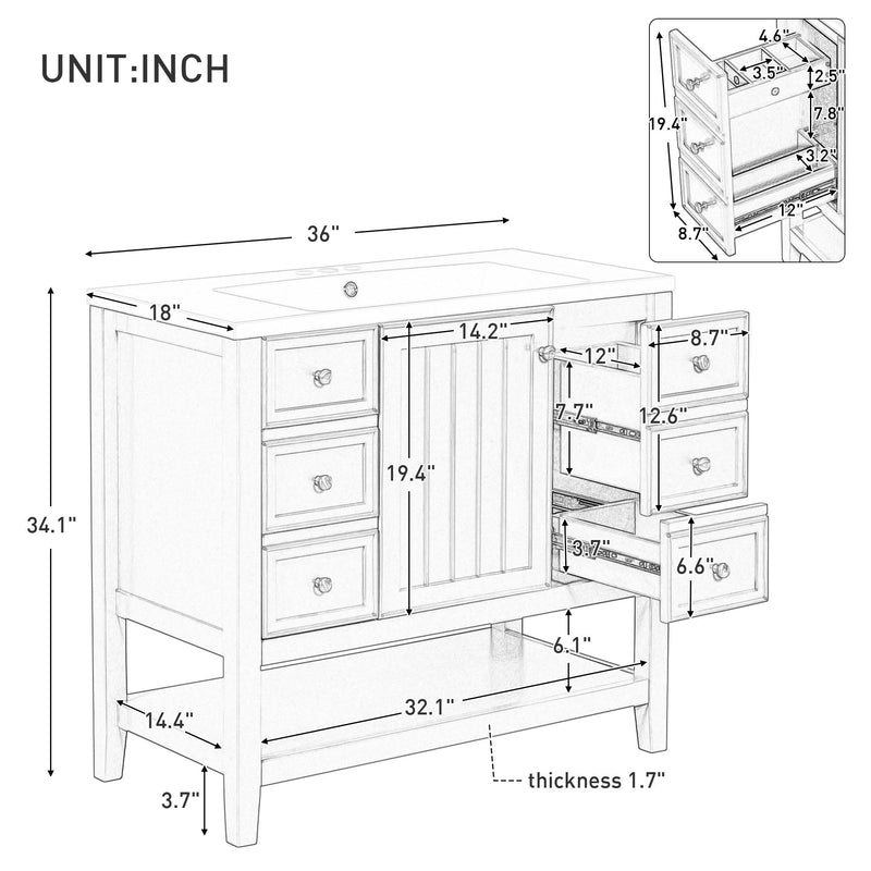 36" Bathroom Vanity & Sink, 2 Cabinet And 3 Drawers - Black