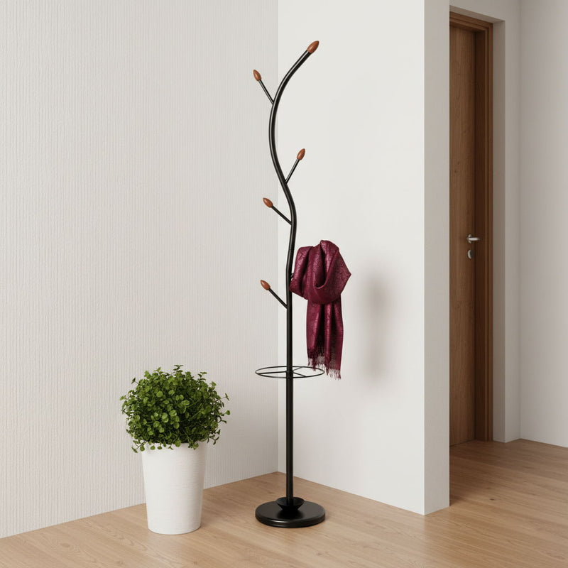 Long Billie Tree Coat Rack Hooks With Umbrella Stand - Black / Walnut