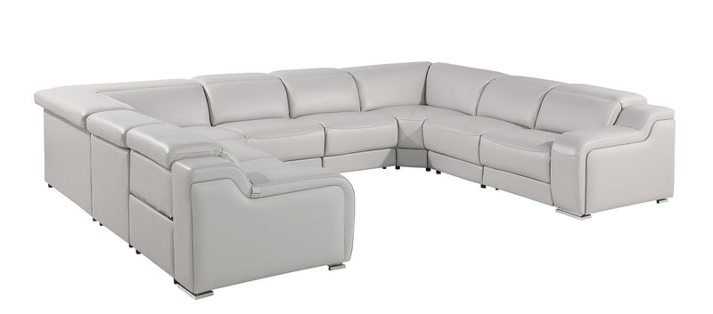 Leather Power Reclining U-Shaped Eight Piece Corner Sectional With Console - Light Gray
