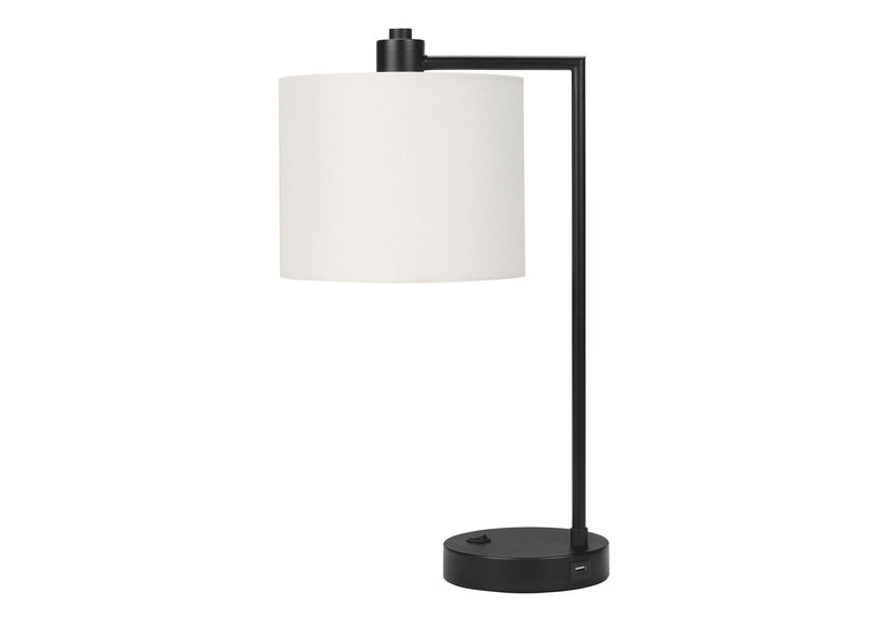 Metal Round USB Table Lamp With Ivory Drum Shade - Black