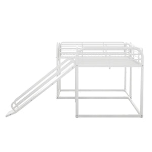 Full and Twin Size L-Shaped Bunk Bed with Slide and Short Ladder, White