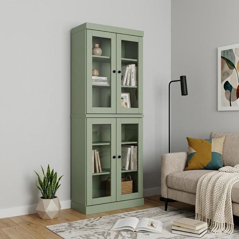 Solid Wood Adjustable Six Tier Library Bookcase With Four Doors (745696) - Sage