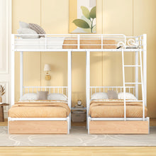 Load image into Gallery viewer, Full Over Twin &amp; Twin Bunk Bed, Metal Triple Bunk Bed with Drawers and Guardrails, White
