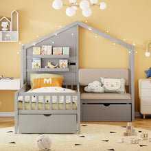 Load image into Gallery viewer, House Bed With Upholstered Sofa, Wireless Charging Station, Shelves And 2 Drawers
