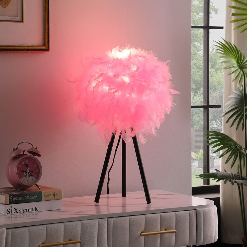 Tripod Table Lamp With Pink Faux Feather Shade - Black
