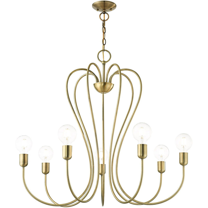 29" Seven Light Dimmable Chandelier With Shades - Antiqued Brass