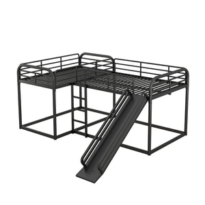 Full and Twin Size L-Shaped Bunk Bed with Slide and Short Ladder, Black