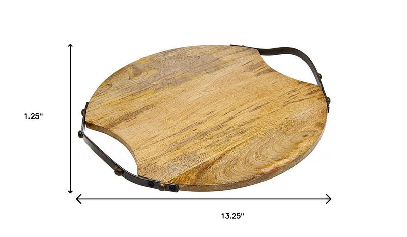13" Round Wood And Metal Tray - Brown