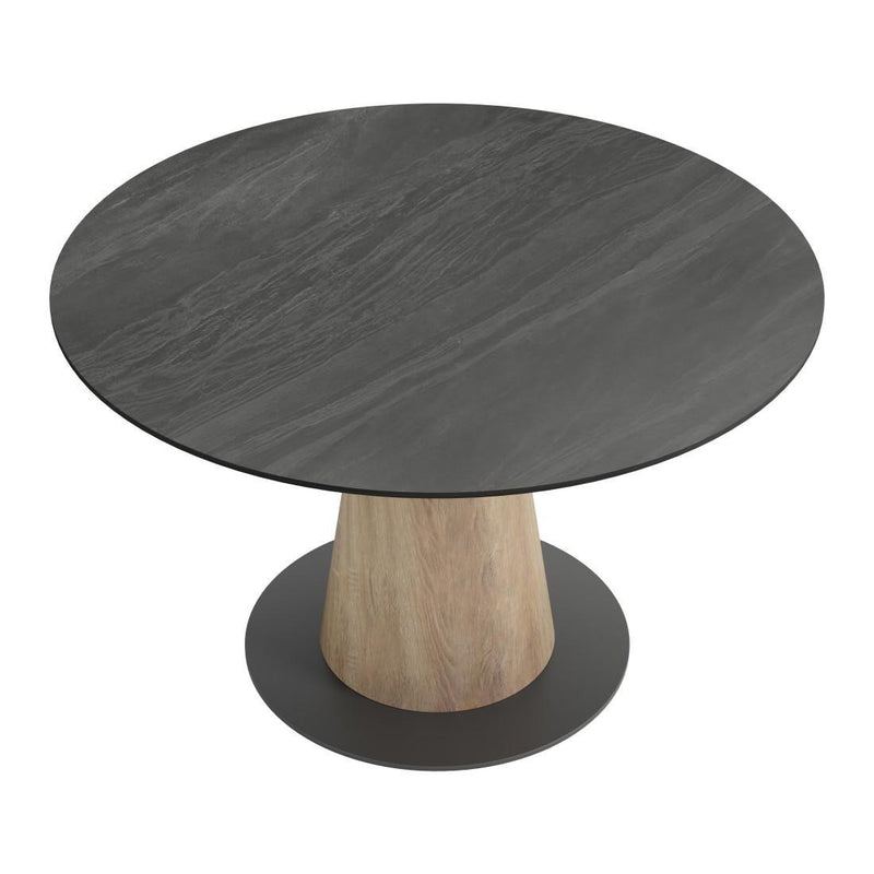 Sintered Stone Wood And Steel Pedestal Base Round Top Dining Table - Black