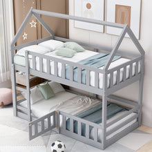 Load image into Gallery viewer, Twin over Twin House Bunk Bed with Fence and Door, Gray
