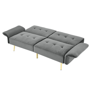 78" Italian Velvet Futon Sofa Bed, Convertible Sleeper Loveseat Couch with Folded Armrests and Storage Bags for Living Room and Small Space, Grey 280g velvet