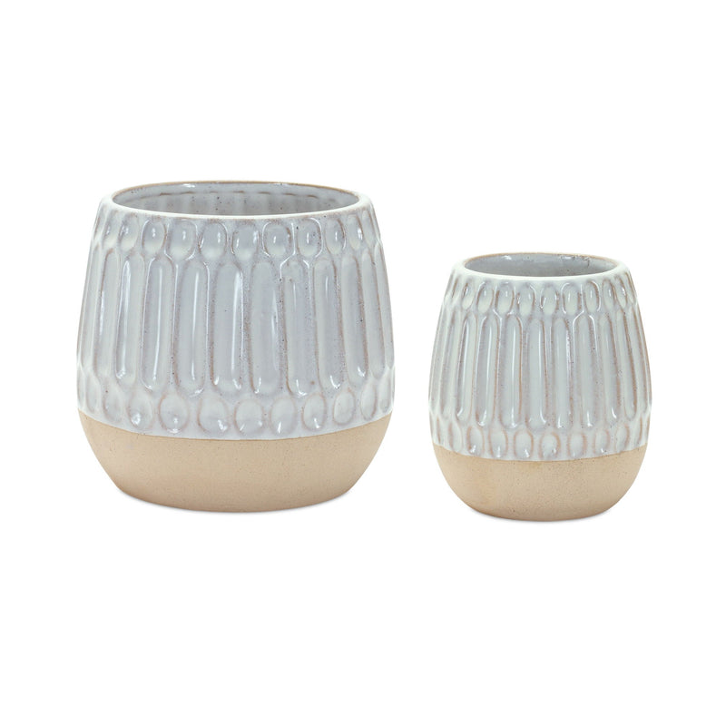 Ribbed Round Porcelain Table Vase (Set of 2) - Beige / White