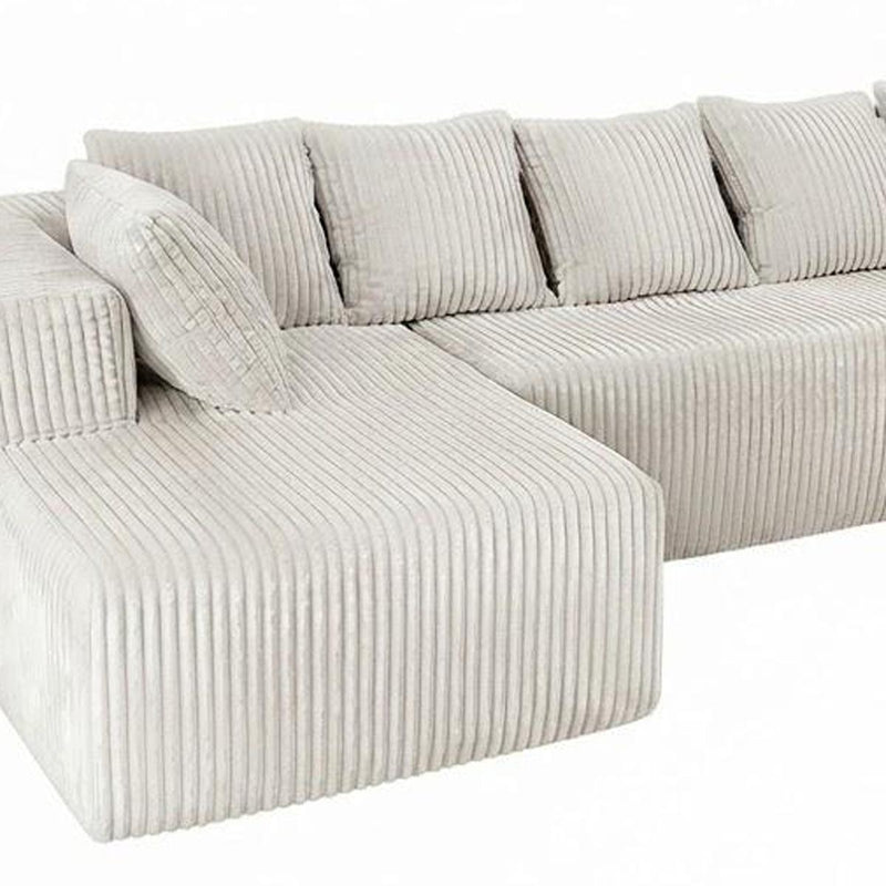 Corduroy Modular U Shaped Three Piece Sofa And Chaise Sectional With Console And Toss Pillows - White