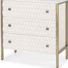 Load image into Gallery viewer, 32" Wood And Metal Carved Geometric Accent Cabinet With Three Drawers - Gold / White
