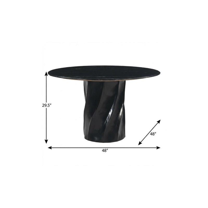 48" Marble And Wood Pedestal Base Round Top Dining Table - Black