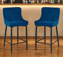 Load image into Gallery viewer, 26" Velvet And Metal Low Back Counter Height Bar Chairs (Set of 2) - Blue / Black
