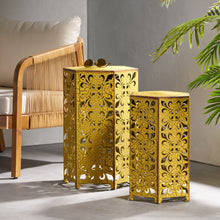 Load image into Gallery viewer, Outdoor Hexagonal Accent Table Set With Charming Fleur De Lis Panel Sides - Antique Yellow
