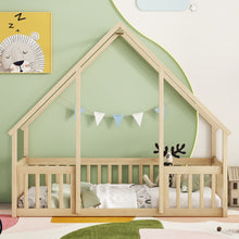 Load image into Gallery viewer, Wood House-Shaped Floor Bed With Fence, Guardrails
