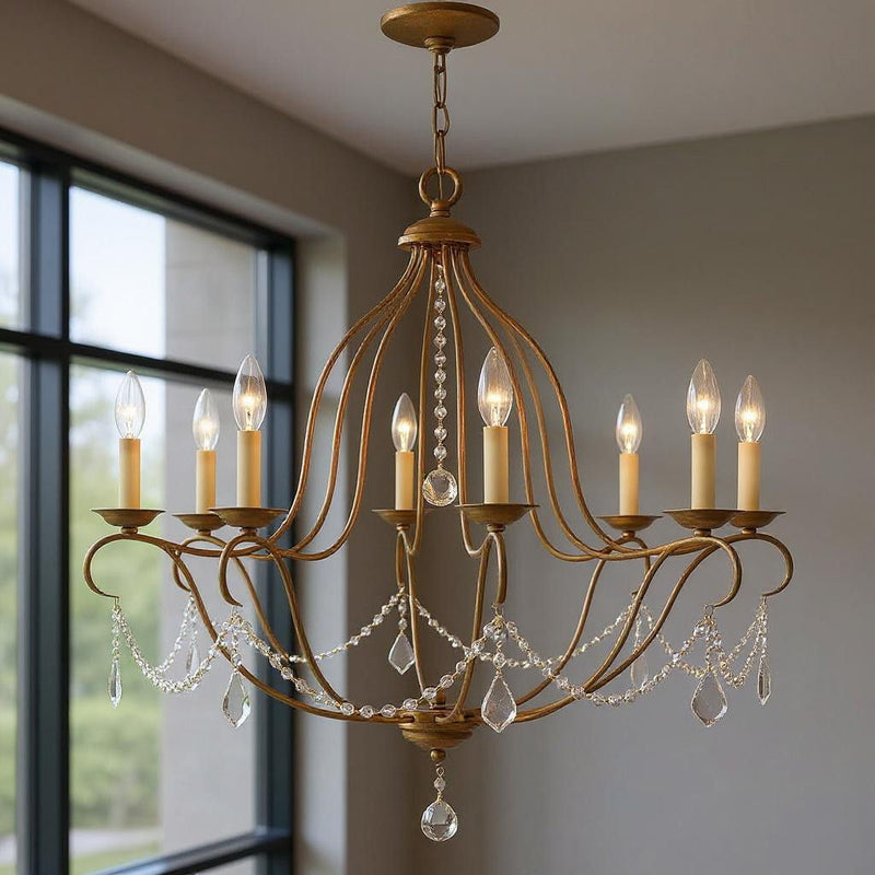 30" Eight Light Dimmable Chandelier With Shades - Antiqued Gold