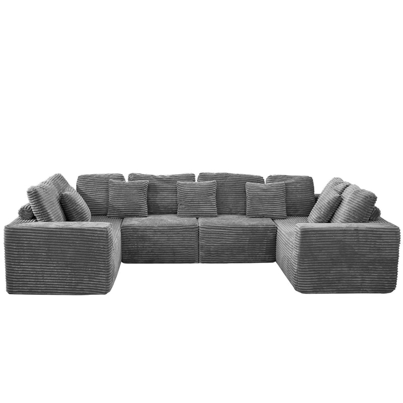 Corduroy Modular U Shaped Four Piece Corner Sectional With Console And Toss Pillows - Gray