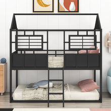 Load image into Gallery viewer, Twin over Twin Size Metal Low Bunk Beds with Roof and Fence-shaped Guardrail, Black
