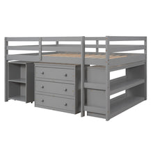 Load image into Gallery viewer, Low Study Full Loft Bed with Cabinet ,Shelves and Rolling Portable Desk ,Multiple Functions Bed- Gray
