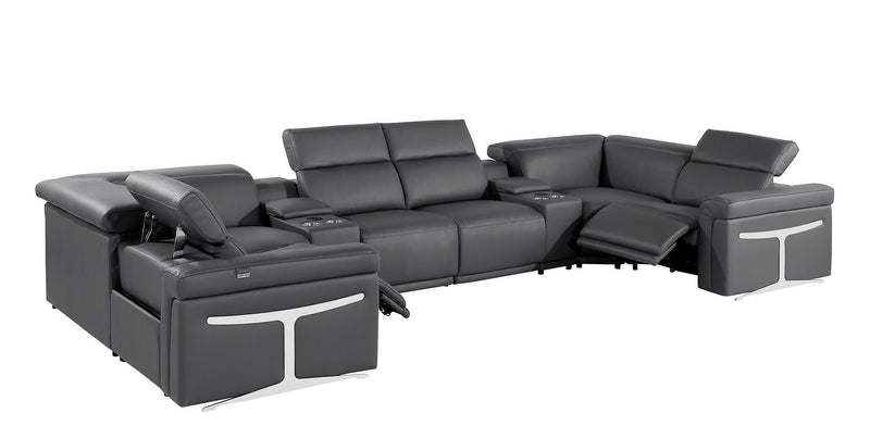 Leather Power Reclining U Shaped Eight Piece Corner Sectional With Console - Dark Gray