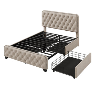 Upholstered Platform Bed Frame with Four Drawers, Button Tufted Headboard and Footboard Sturdy Metal Support, No Box Spring Required, Beige, Full (Old sku:BS300281AAA)