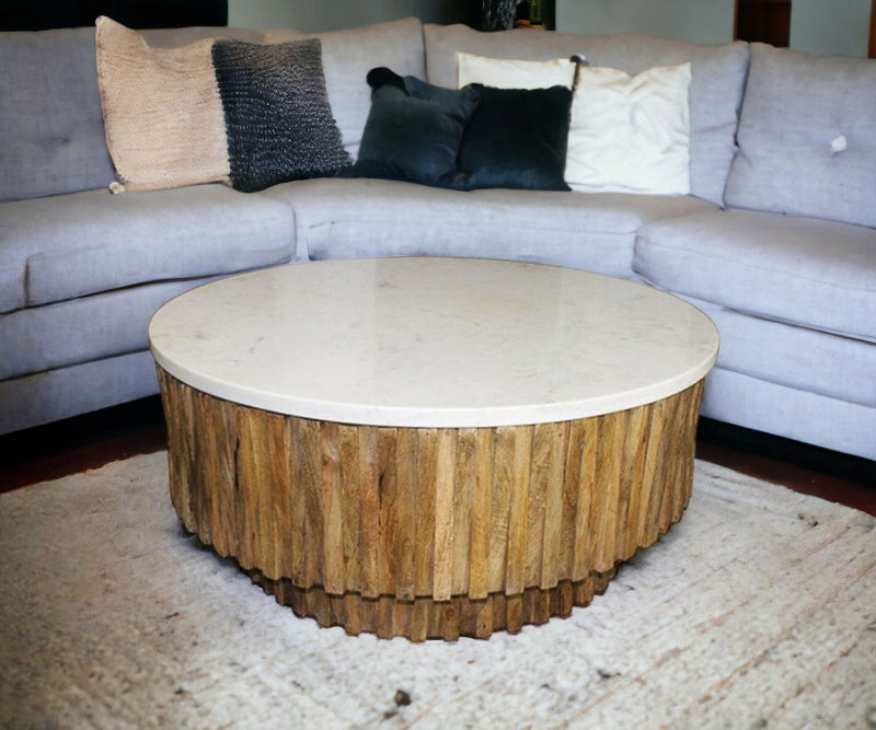 Round Marble Top And Wooden Strips Coffee Table - Brown and White