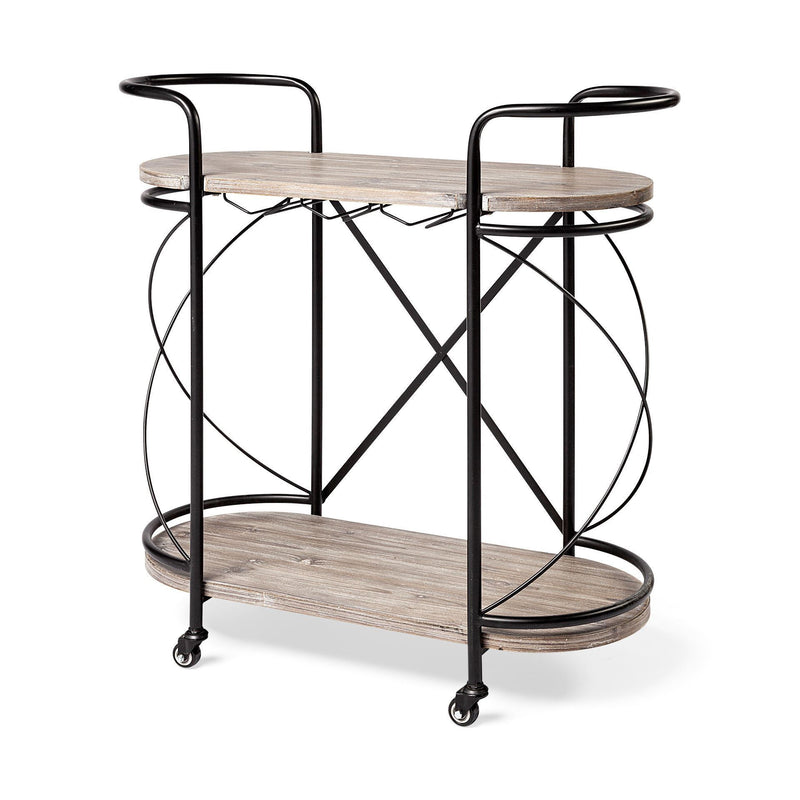 Solid Wood Steel Round Rolling Kitchen Cart With Storage - Black