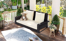 Load image into Gallery viewer, GO 2-Person Wicker Hanging Porch Swing with Chains, Cushion, Pillow, Rattan Swing Bench for Garden, Backyard, Pond. (Brown Wicker, Beige Cushion)
