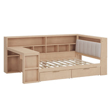 Load image into Gallery viewer, L Shaped Daybed With Desk, Bookcase, Upholstered Headboard, Drawers, And LED Light
