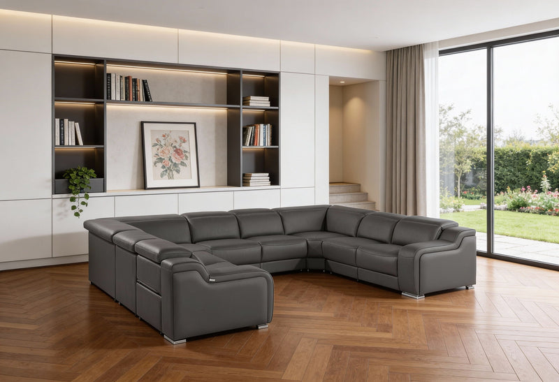 Leather Power Reclining U-Shaped Eight Piece Corner Sectional With Console - Dark Gray