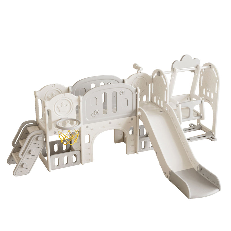 Toddler Slide, 11 In 1 Indoor Outdoor Playground With Basketball Hoop - Gray / Ivory