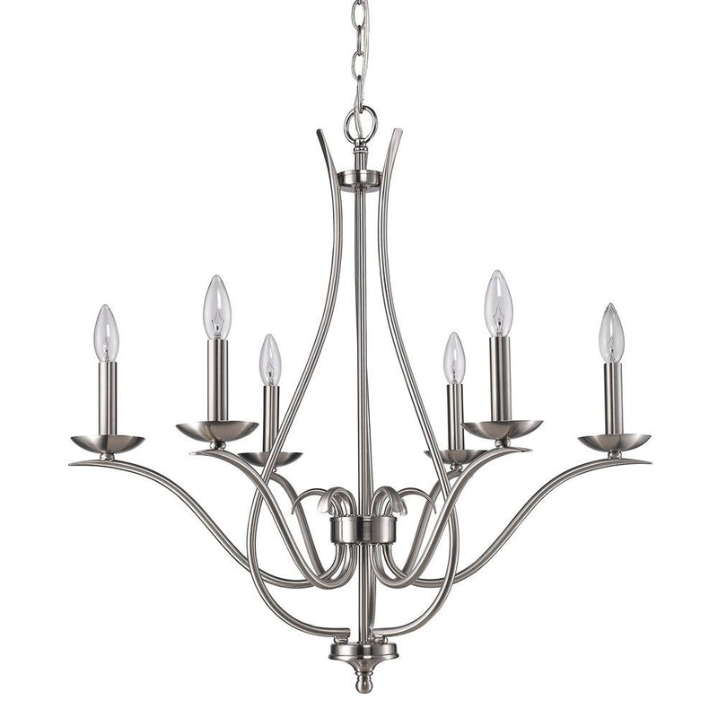 Candle Style Six Light Metal Dimmable Chandelier - Nickel