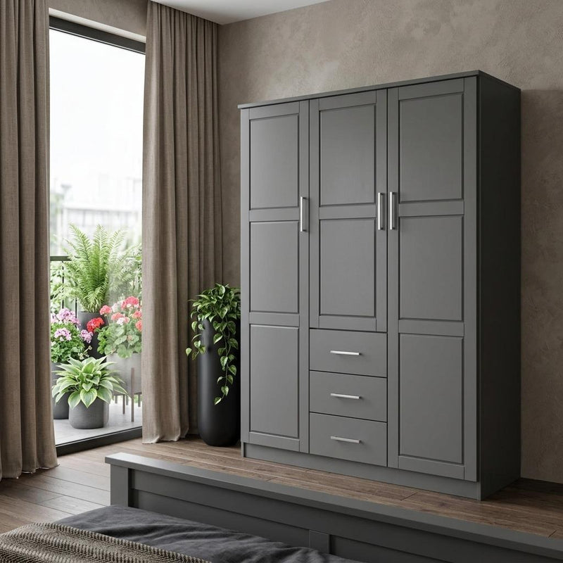 Solid Wood Three Door Three Drawer Combo Dresser - Gray