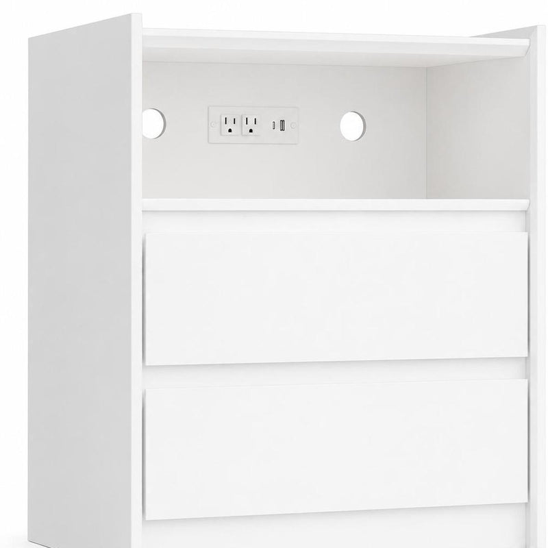 Wood Two Drawer Nightstand With USB Port And Integrated Tech - White