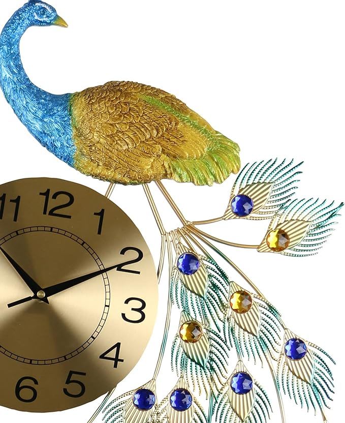 Silent Analog Peacock Novelty Wall Clock (626365) - Blue / Green / Gold