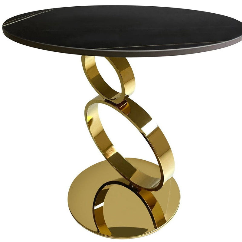 21" Stone And Stainless Steel Round Pedestal End Table - Black And Gold