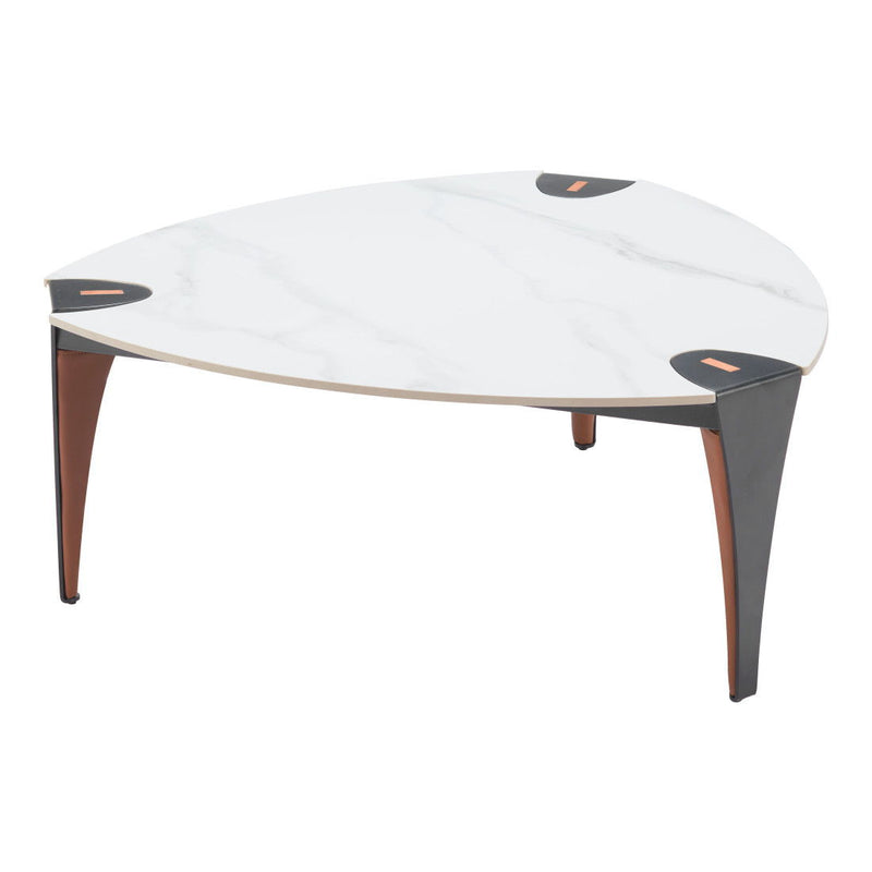 36" Sinte Stone Faux Leather And Steel Triangle Coffee Table - White And Black