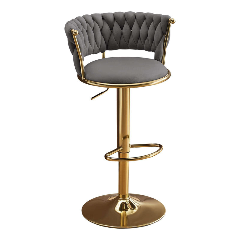 Velvet And Metal Low Back Adjustable Height Swivel Bar Chair - Gray And Gold