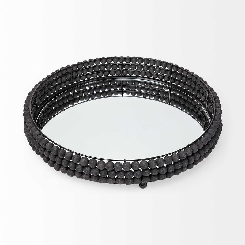 21" Matte Wood With Bead Mirrored Glass Bottom Round Tray - Black