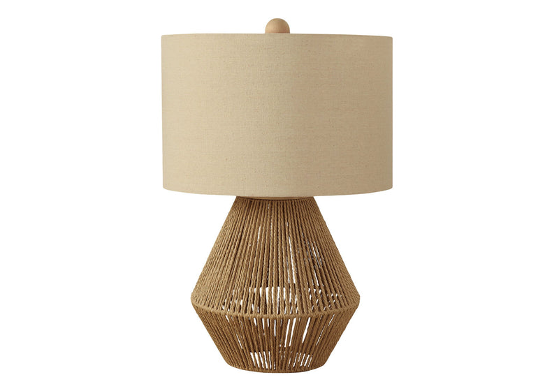 Rattan Geometric Table Lamp With Beige Drum Shade - Brown