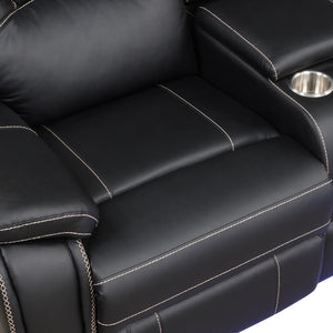 Modern Faux Leather Manual Reclining with Center Console with LED Light Strip,Living Room Furniture Set,PU Symmetrical Couch with 2 Cup Holders and Storage for Living room,Black