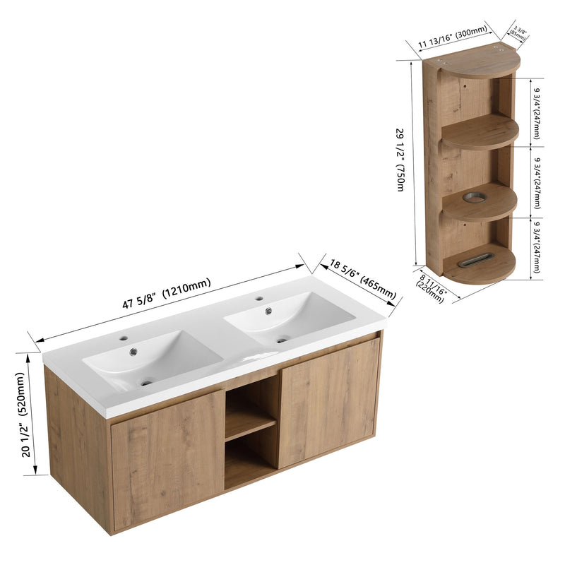 48" Wall Mounted Bathroom Vanity With Double Resin Sink And Storage Rack Soft Close Doors - Imitative Oak