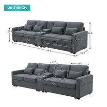 Load image into Gallery viewer, [VIDEO provided] [New] 114.2&quot; Upholstered Sofa with Console, 2 Cupholders and 2 USB Ports Wired or Wirelessly Charged, Modern Linen Fabric Couches with 4 Pillows for Living Room, Apartment (4-Seat)
