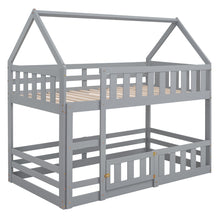 Load image into Gallery viewer, Twin over Twin House Bunk Bed with Fence and Door, Gray
